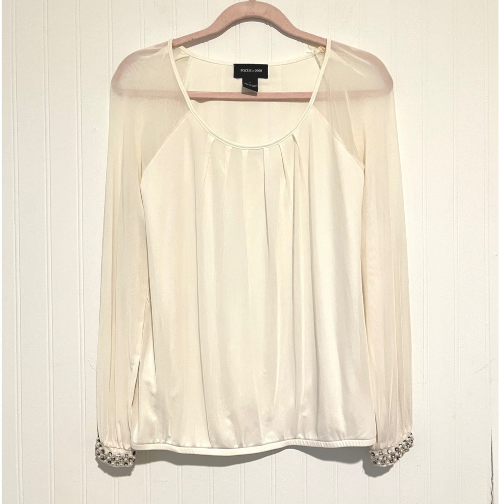 Focus 2000 Blouse Womens Small Ivory Sheer Sleeve Pearl Cuff Pleated office wear